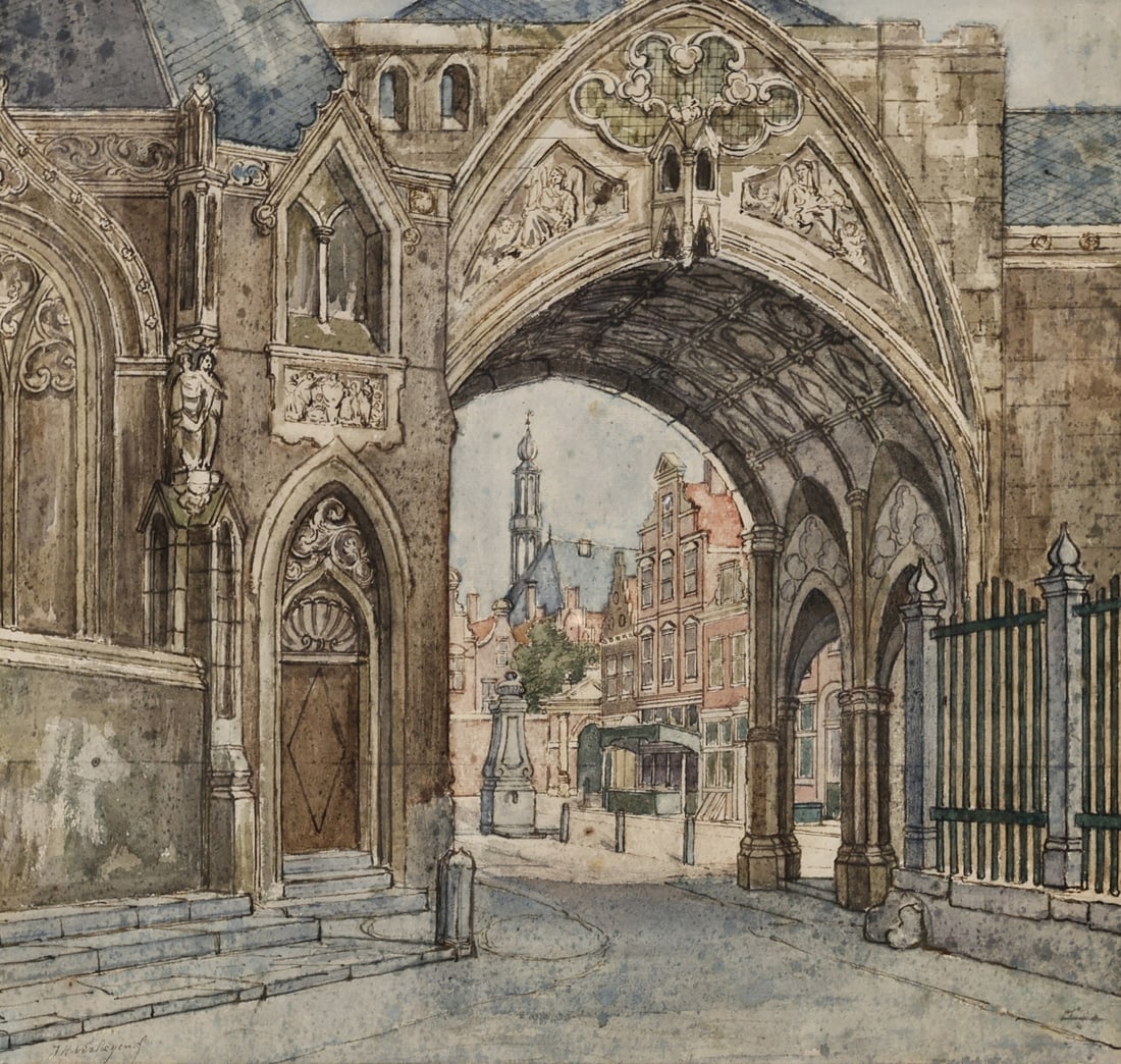 JAN HENDRIK VERHEYEN (DUTCH, 1778-1846).: 'A View Through a City Gate into a Square, with a Water Fountain; Verso: A Street Running Along a Canal, with Figures Unloading a Boat in the Foreground'. Pen and brown ink and watercolor, over traces