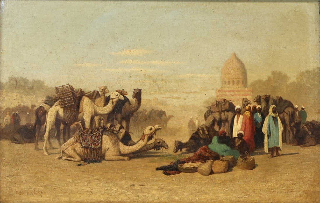 CHARLES-THEODORE FRERE (FRENCH, 1814-1888).: 'A Resting Caravan Near a Mosque, Cario'. Oil on panel. Signed lower left. Verso: Inscribed with artist and title on panel. Property from a Garden City, NY estate. Dimensions: 8.25" h x 12.50&quo
