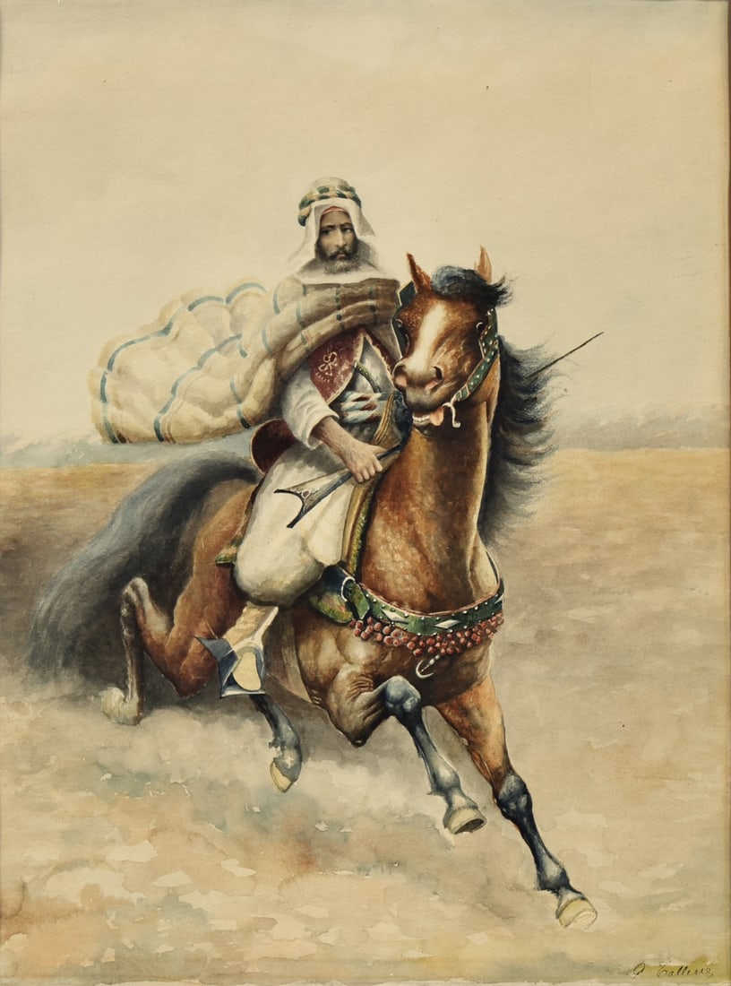 ILLEGIBLY SIGNED (19TH CENTURY).: 'Arab Warrior on Horseback'. Watercolor. Signed lower right. Property from a Garden City, NY estate. Dimensions: Sight: 21.50" h x 15.75" w. Frame: 32.75" h x 26.50" w.