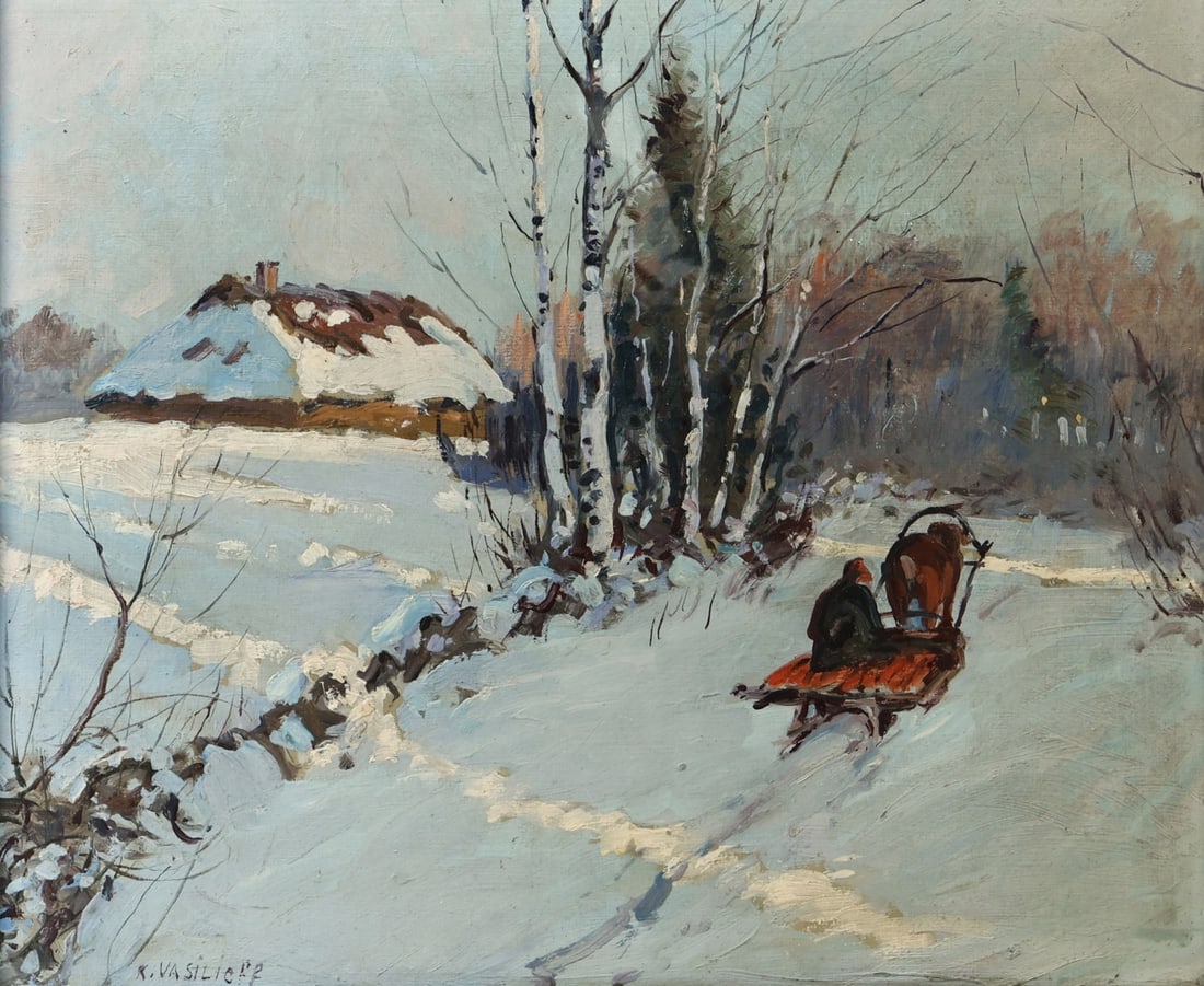 ARTIST SIGNED (RUSSIAN SCHOOL,19TH/20TH CENTURY).: 'Winter Sleigh Scene'. Oil on artists board. Signed lower left. Property of a East Williston, NY estate. Dimensions: 14.75" h x 18" w. Frame: 20.25" h x 23.50" w.