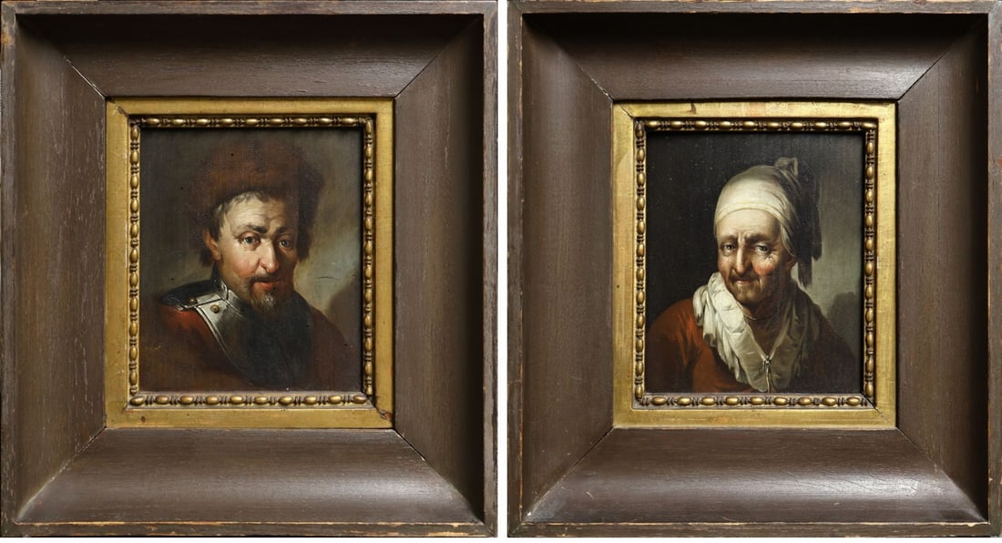 CONTINENTAL SCHOOL (18TH/19TH CENTURY) [2 WORKS].: Portrait of a Man with a Gorget and An Elderly Woman. Oil on board. Property of a Larchmont. NY estate. Dimensions: (i) 8.125" h x 6.375" w. (ii) 7.75" h x 6.375" w. Frame: (i) 14&