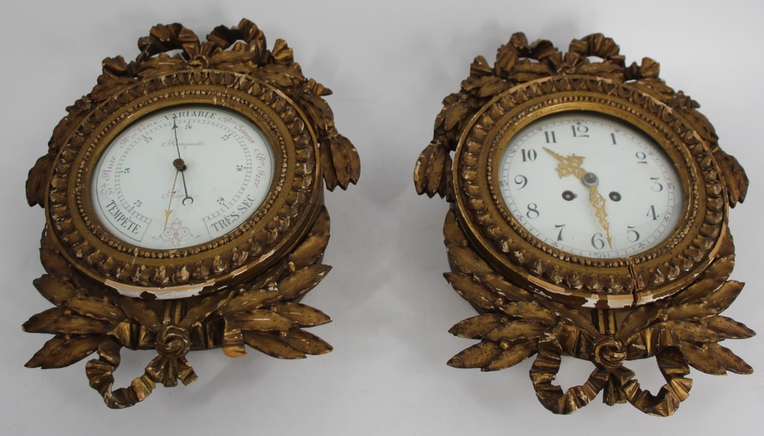 French Carved & Gilded Wood Clock & Barometer (1 of 8)