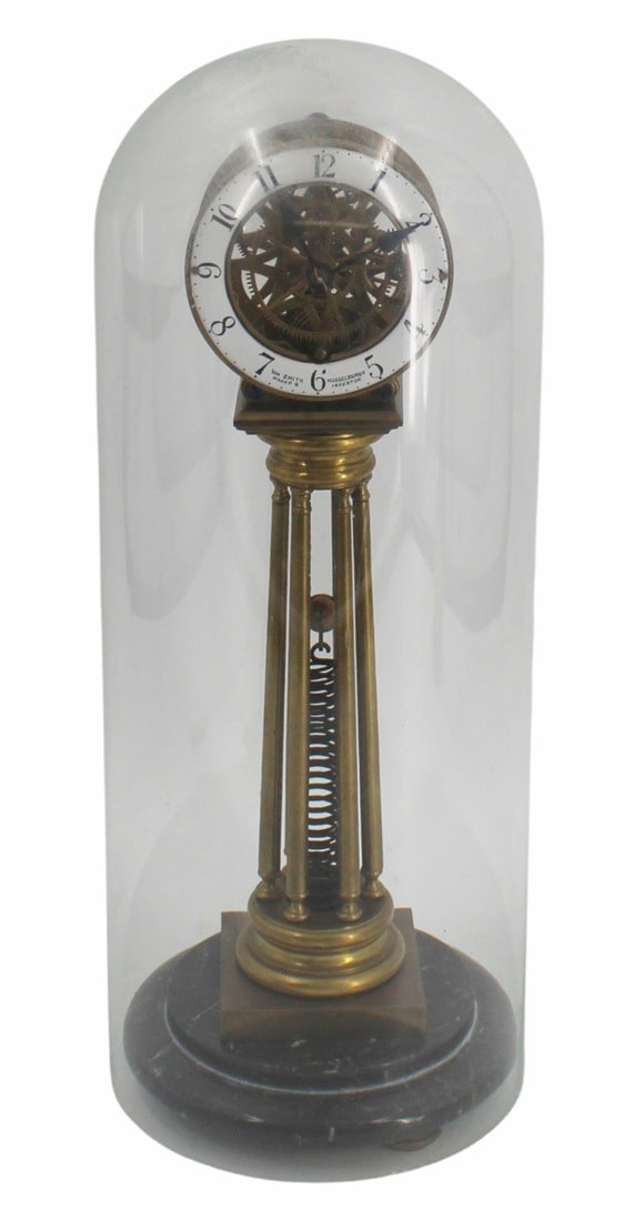 Vintage Brass Pillar Skeleton Clock Signed: From a Forest Hills, Queens, NY estate. - Dimensions: Dome: 18" h. Clock: 16" h.