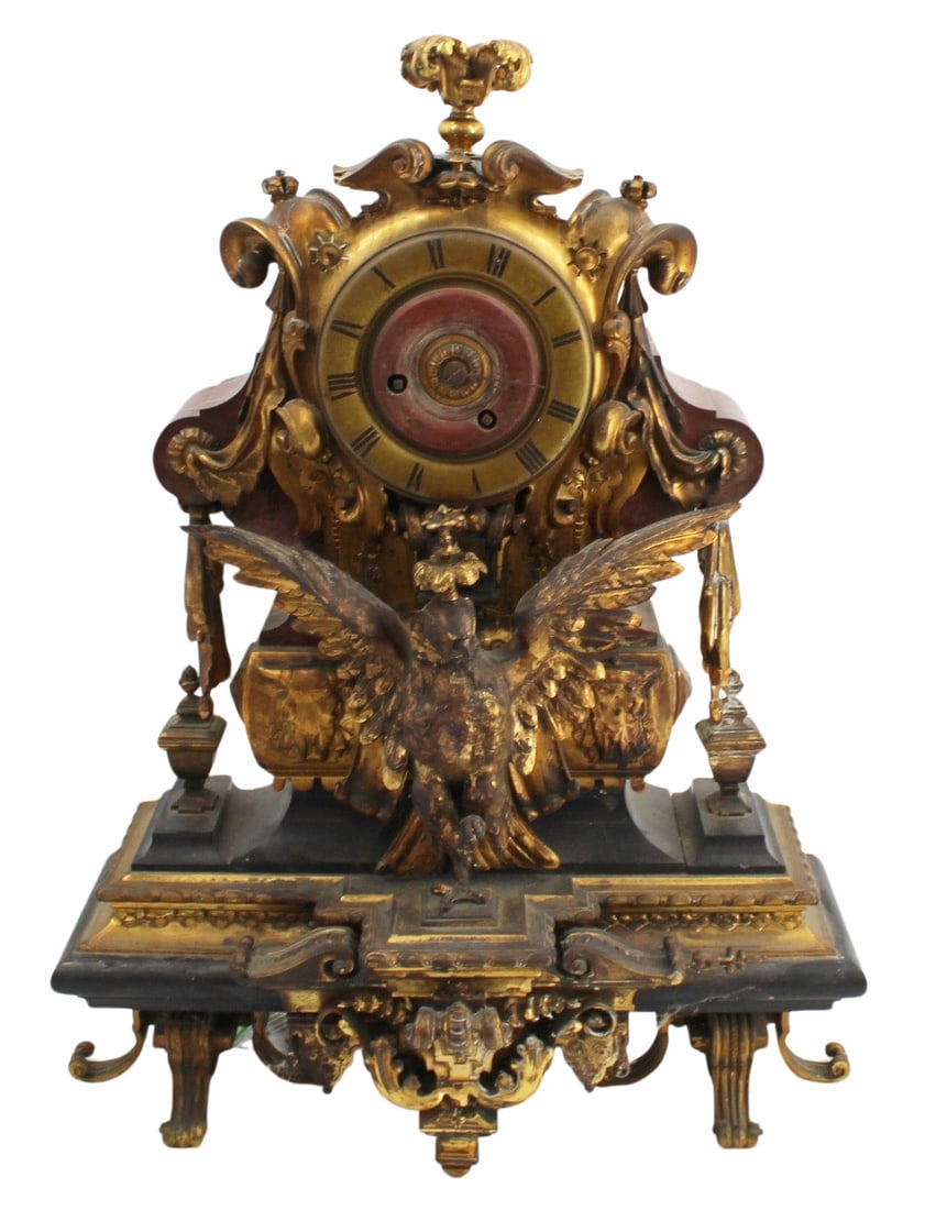 Fine Antique Bronze Mounted Rouge Marble Clock.: The best of quality and large . The movement marked G&S Medaille D'or. The case rouge marble with fine quality strong bronze mounts inc Eagle. From a Yonkers, NY estate. - Dimensions: 19" h x 15"