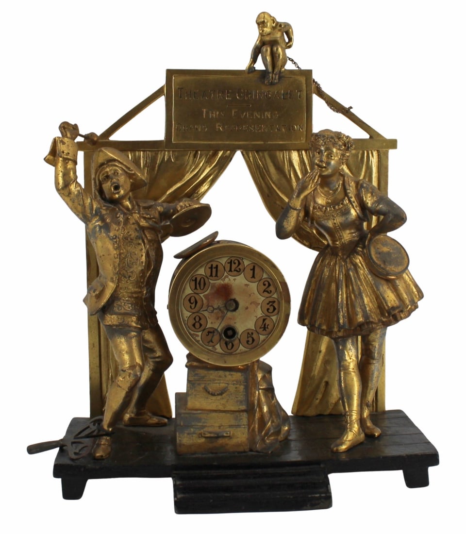 Antique Gilt & Patinated Metal Figural Clock.: "Theatre Gringalet". A nice whimsical clock to come home to. Well executed with nice patina. From a Long Island, NY estate. - Dimensions: 16" h x 12" w x 7" d.
