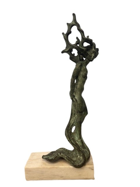 Illegibly Signed Bronze Mermaid Sculpture: illegibly signed on the bottom tail sitting on a marble base. From a Fairfield County CT estate. - Dimensions: 36.50"h x 15.75"w (base)