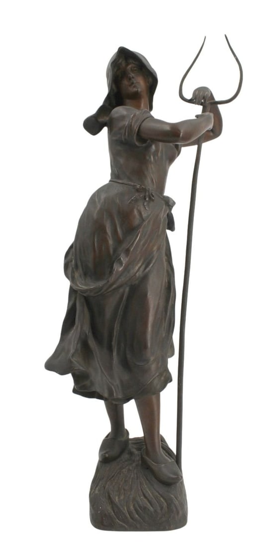 G. PARELLI. 19th Century Signed Bronze Sculpture.: Tall, well executed with original brown patina of a girl with a pitch fork. From a Yonkers, NY estate. - Dimensions: 23" h.