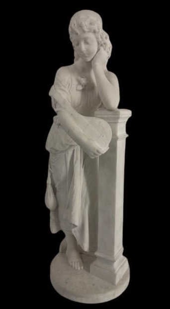 Antique Marble Figural Sculpture.: Apparently unsigned Marble Statue of a Young Lady with a lyre leaning on a marble post. From a Long Island, NY estate. - Dimensions: 28" h.