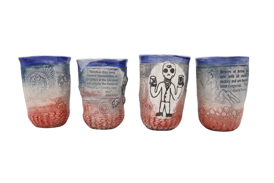EHREN TOOL (American, b. 1971).: Four glazed ceramic cups with quotes by Queen Victoria, Chris Hedges, as well as text by the artist. Signed and dated 2014. Property from a Tarrytown, NY collection. - Dimensions: 5.125" h x 3.625" di