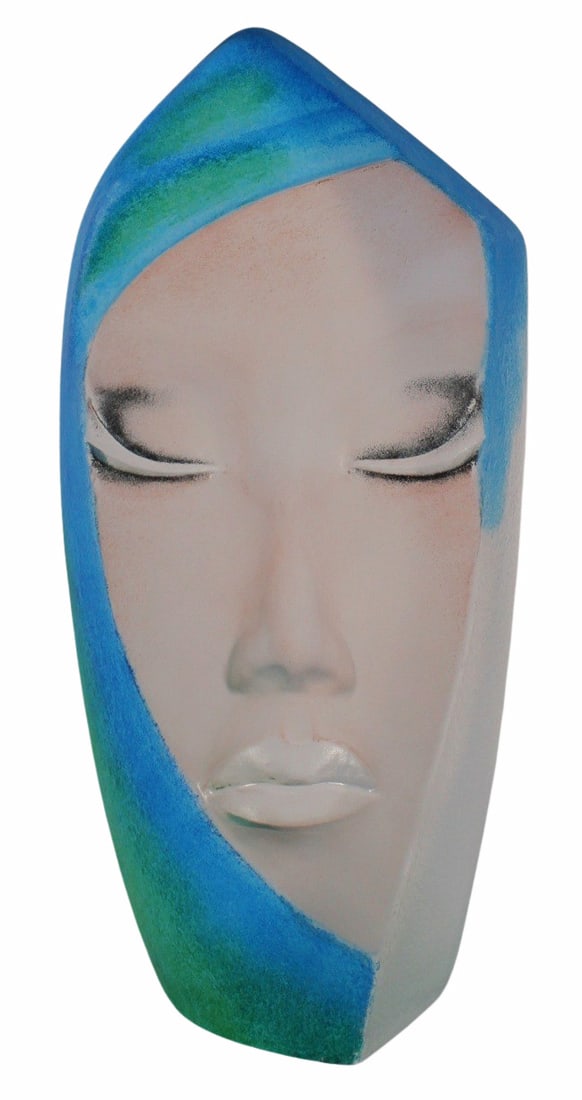 MATS JONASSON (Sweden, b.1954).: Signed and numbered 157/299 art glass face sculpture (See both sides in image). From a Larchmont, NY estate. - Dimensions: 11" h x 5" w.