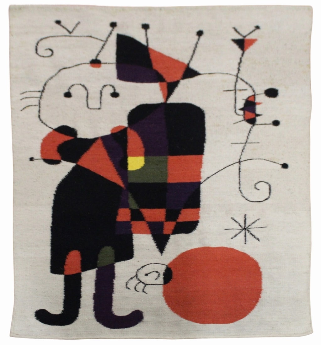 After JOAN MIRO Handwoven Wool Tapestry.: "Hombere Invertido". Wool tapestry with label verso. From a Larchmont, NY estate. - Dimensions: 52" h x 33.5" w.