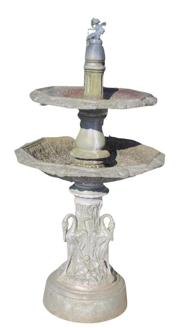 Antique Zinc 2 Tier Fountain With Cherub Finial &: Swan Relief. From a Port Chester, NY estate. - Dimensions: 65" h x 33.5" w