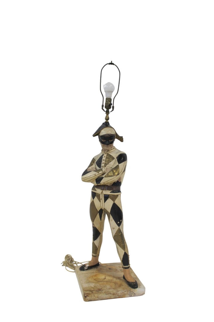 Midcentury Italian Plaster Harlequin Lamp .: Good large size and very decorative . From a Portchester NY estate . - Dimensions: 34" to finial 46"