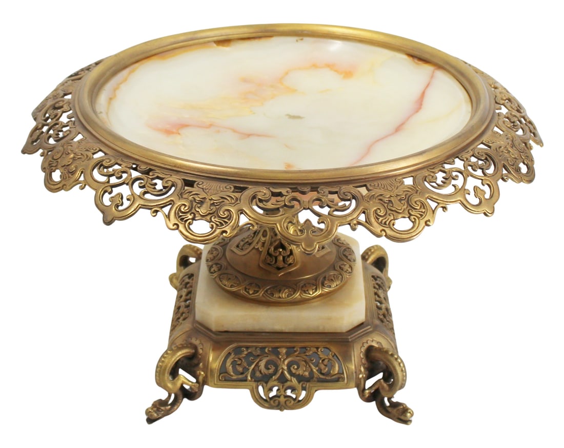 Fine & Large Bronze & Onyx Tazza.: After Oscar Bach. Large and impressive Gilt Bronze & Onyx tazza with Griffin feet and reticulated base & rim. From a Bay Shore, NY estate. - Dimensions: 12.5" h x 20.5" dia