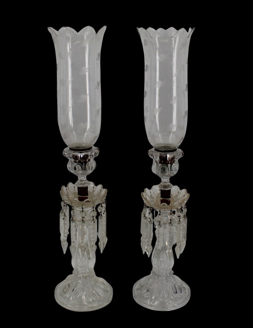 BACCARAT Pair Of Glass Candlesticks With Etched: Hurricane Shades. From a New Rochelle, NY estate. - Dimensions: 23.5" h