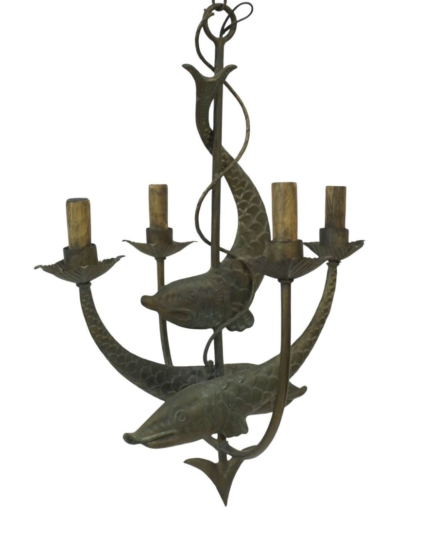 Antique Patinated Tole Fish Form Chandelier.: Great chandelier, metal with a nice patina and the fish very well executed. From a Scarsdale, NY estate. - Dimensions: 27" h x 18.5" w