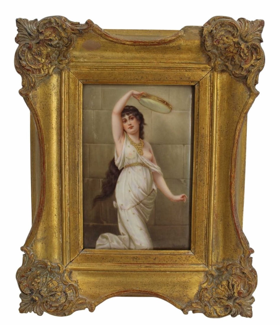 Antique Signed KPM Style Porcelain Plaque.: Beauty with tambourine, artist signed lower right. From a Yonkers, NY estate. Dimensions: 7.25" h x 4.75" w & Frame 12" h x 9" w.