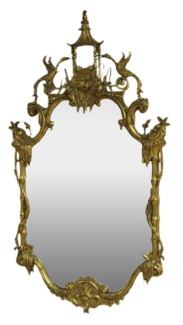 Vintage Chinese Chippendale Style Finely Carved: Giltwood Mirror. A good large size with nice patina and carved with pagoda and Phoenix Pediment. From an East 79th St, NYC estate. - Dimensions: 48" h x 26.75" w