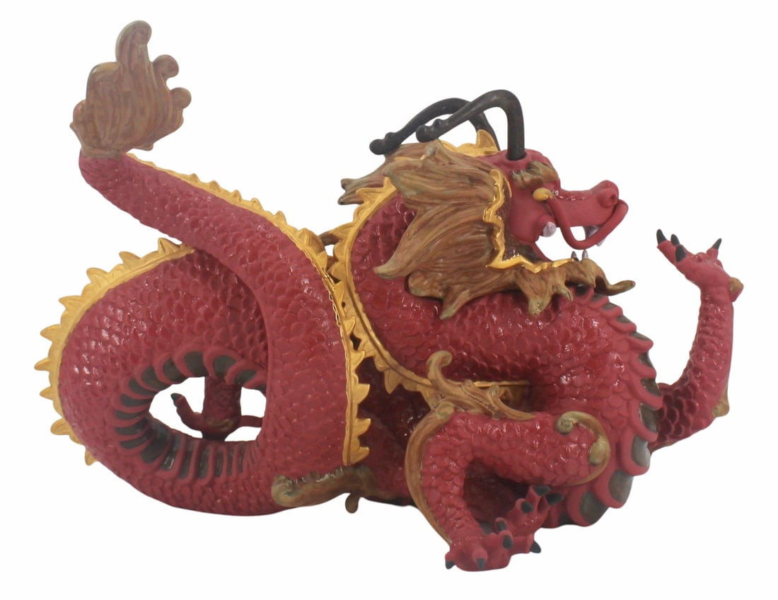 LLADRO Majestic Dragon Porcelain Sculpture.: Glossy and matte porcelain red dragon sculpture with different glazes and gold luster on the eyebrows, on its hair on its head and on the crest of the spine. From a Forest Hills, Queens, NY estate. -