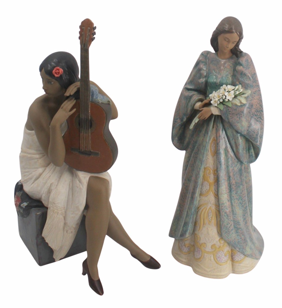 LLADRO 2 Large Female Porcelain Figures: To include: Gres Serenity #2422 (17" h) and Flamenco Singer (14.5"). Signed on base. From a Forest Hills, Queens, NY estate.