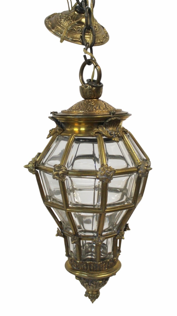 Antique & Fine Quality Brass Paneled Chandelier.: The best of quality with nice original patina, beveled panels. From a Scarsdale, NY estate. - Dimensions: 19.5" h.