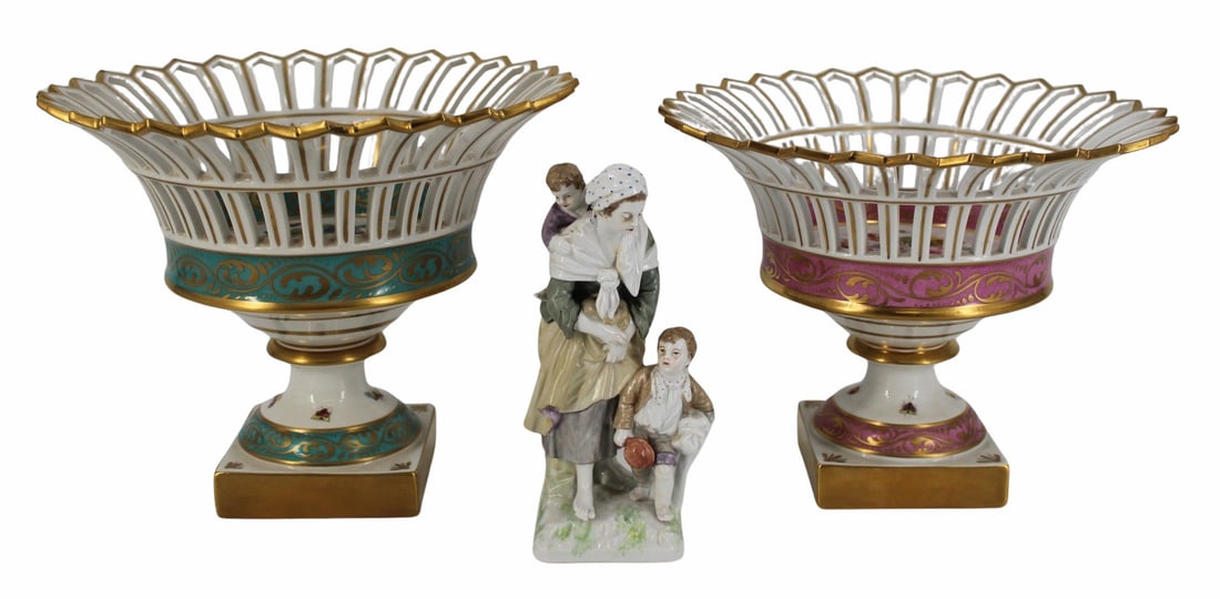 KPM Porcelain Grouping.: To include 2 tazza centerpieces (7.5" h x 9.5" dia at the widest point) and a figurine (6.75" h). From a Bronxville, NY estate.