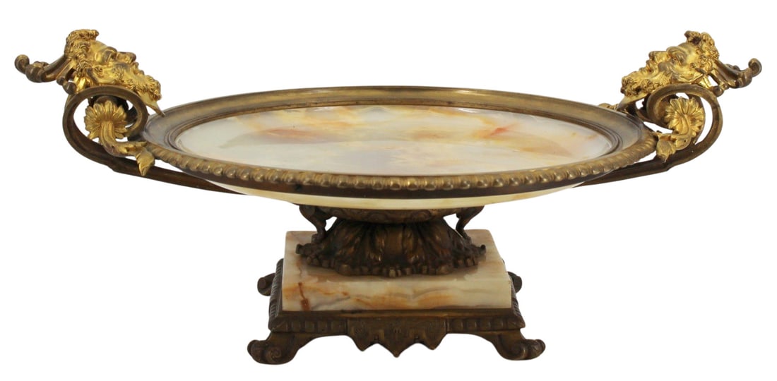 Large & Fine Antique Bronze and Onyx Tazza.: Nice and large Caldwell quality bronze work. From a Sutton Place, NYC collection. - Dimensions: 6" h x 22" w.