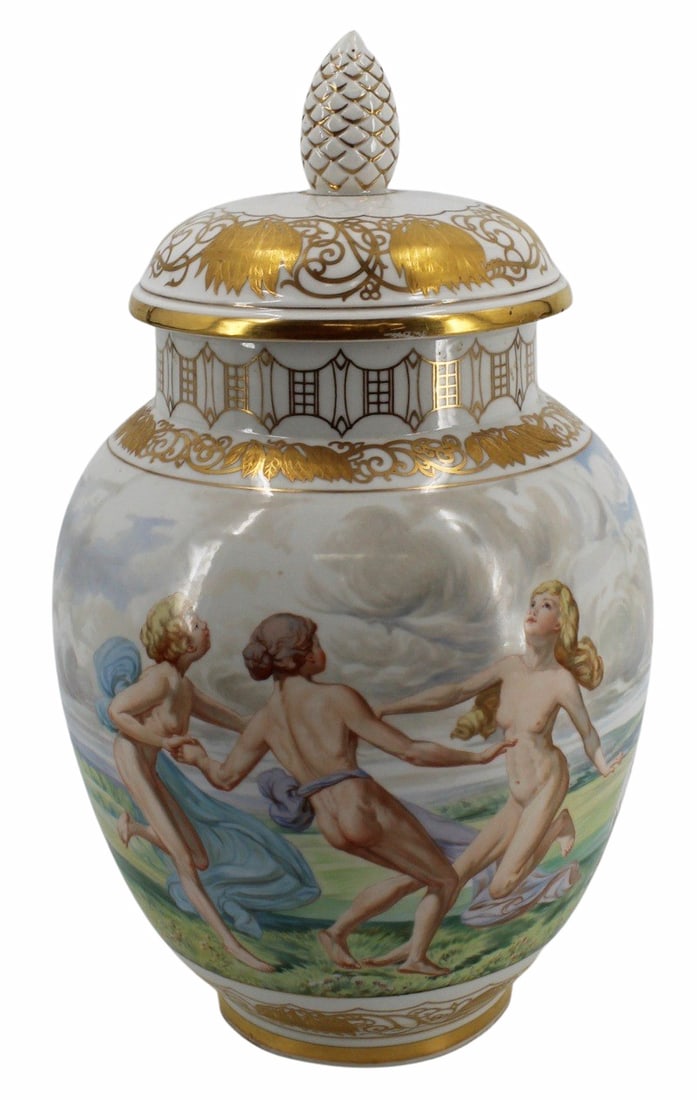 MEISSEN Porcelain Lidded Urn.: Decorated with dancing nudes. With script mark on base. From a Long Island, NY estate. - Dimensions: 14" h.