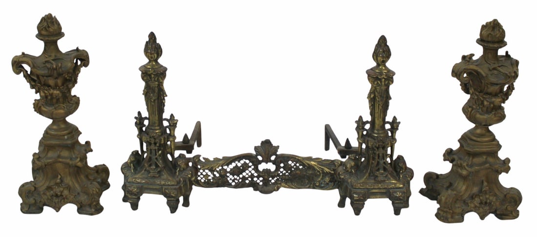 Antique Bronze Andirons, Stretcher & Chenets.: Nice quality and heavy bronze combo of chenets, stretcher, and andirons. From a West 81st St, NYC estate. - Dimensions: 20" h.