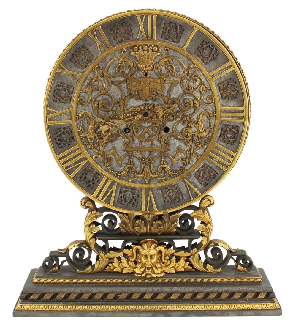 E.F. CALDWELL Patinated & Gilt Bronze Clock.: From a Sutton Place, NYC collection. - Dimensions: 17" h x 15" w x 4" d.
