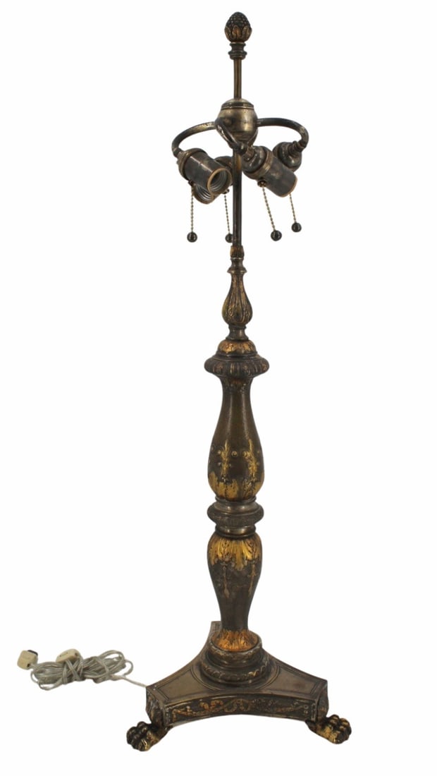 E.F. CALLDWELL Bronze Lamp.: Fine & heavy Silvered & Gilt bronze lamp with ribbon & swag decoration raised on claw feet. From a Sutton Place, NYC collection. - Dimensions: 34.5" h to finial.