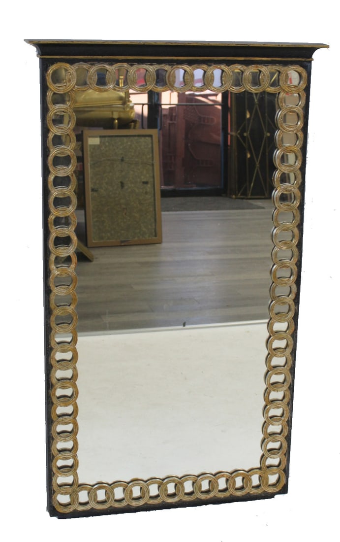 PALLADIO Signed Midcentury Carved & Gilt Decorate: Mirror. Signed Palladio en verso and carved with gilt decorated circles. From a Nyack, NY estate. - Dimensions: 30.5" h x 53" w.