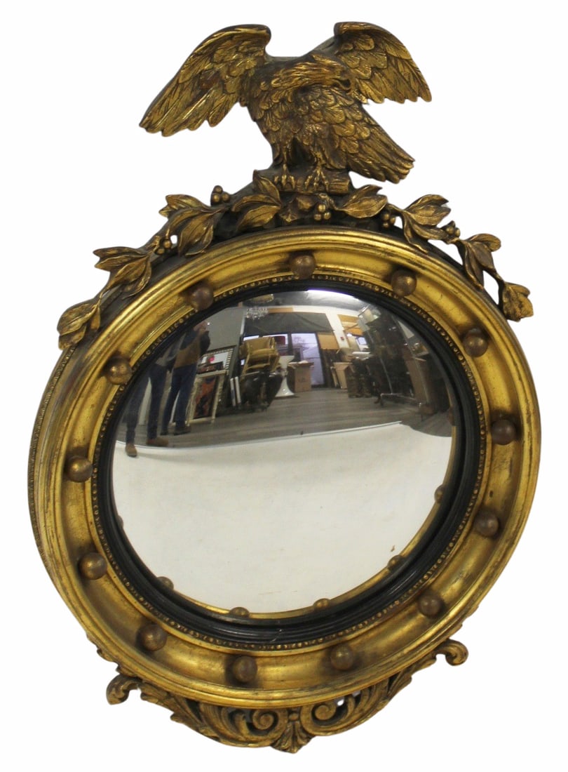 Antique American Carved Giltwood Bullseye Mirror: Good large size, carved well and with nice patina. From a Nyack, NY estate. - Dimensions: 35" h x 23.5" w.
