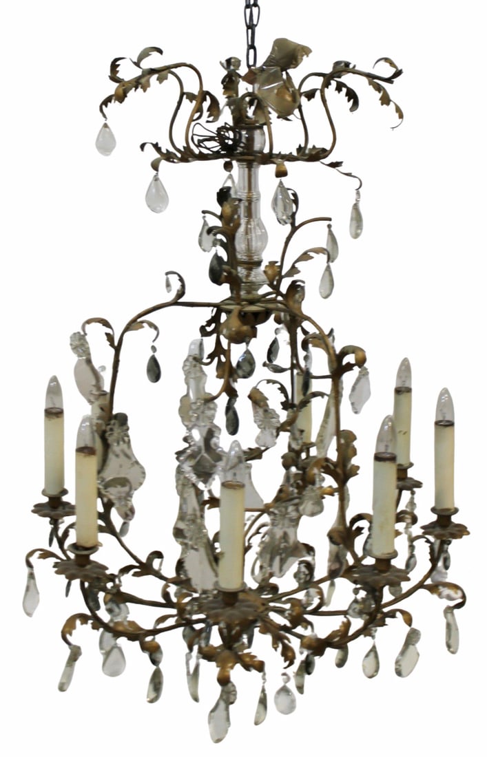 Large & Impressive Gilt Metal & Crystal: Chandelier. Good large size with leaf decoration, crystal drops and glass neck. From a West 81st St, NYC estate. - Dimensions: 40" h x 30" w.