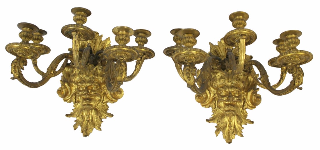 CALDWELL Quality Pr of Gilt Bronze Bacchus Sconces: Large, heavy and impressive with great patina and carving. From an East 79th St, Manhattan estate. - Dimensions: 15" h x 17" w x 11" d.