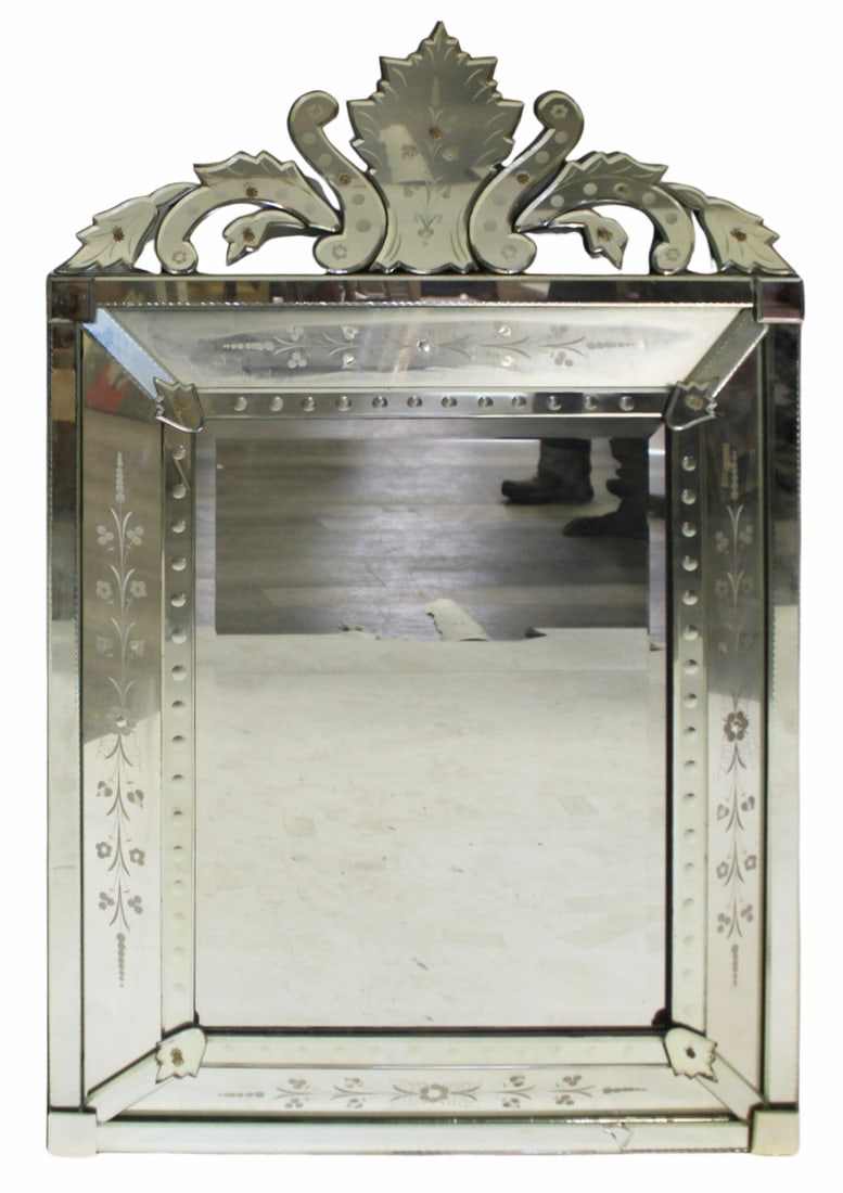 Large & Impressive Vintage Venetian Mirror.: Good large size with etching. From a Central Park West, NYC estate. - Dimensions: 50.5" h x 31.5" w