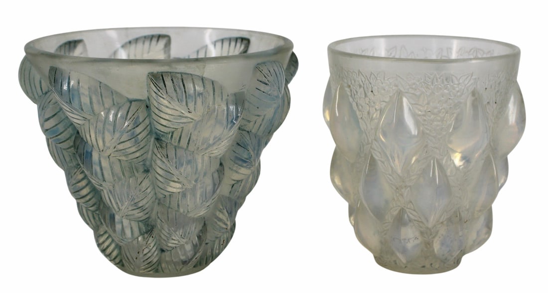 Two Pale Blue Lalique Vases Moissac & Rampillon: Two older pale blue Lalique vases 1) "Moissac", 5.25" tall, 5 7/8" diameter at lip. "R. Lalique" block signature, "France", 2) "Rampillon",