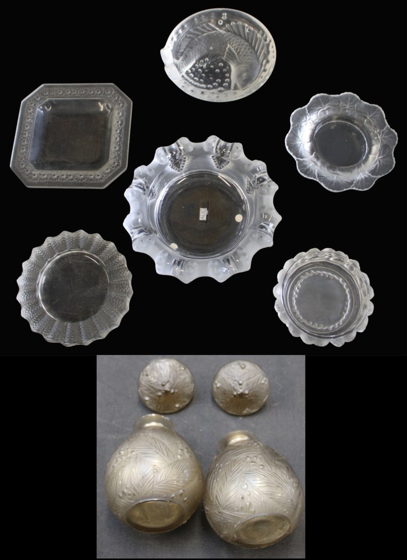 6 Piece Lot Of Lalique Glass And 2 Perfume Bottles: Collection of Lalique to include: Square dish with flower border, 6.25", bottle coaster (?) 5.5", fish cigar ashtray, 6" (Ping on edge), large ashtray, 7.5", bottle coaster with