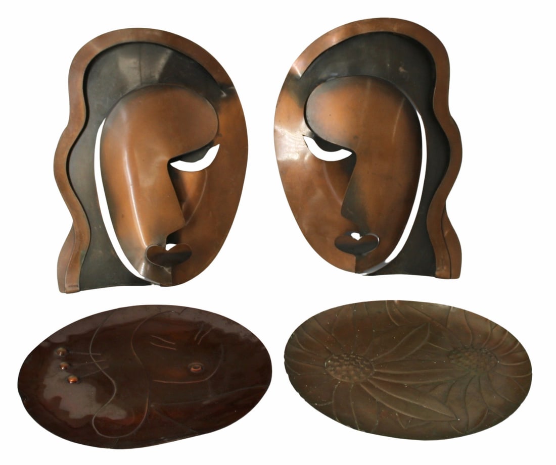 Group of Frank Rebajes (DOMINICAN REP. 1907-1990).: Includes a pair of facing women's heads (14" x 10.5"), a plate with large sunflowers (11.5"), and a plate with a fish (?) (11.5"). From a Mamaroneck, NY collection. - Dimensions: