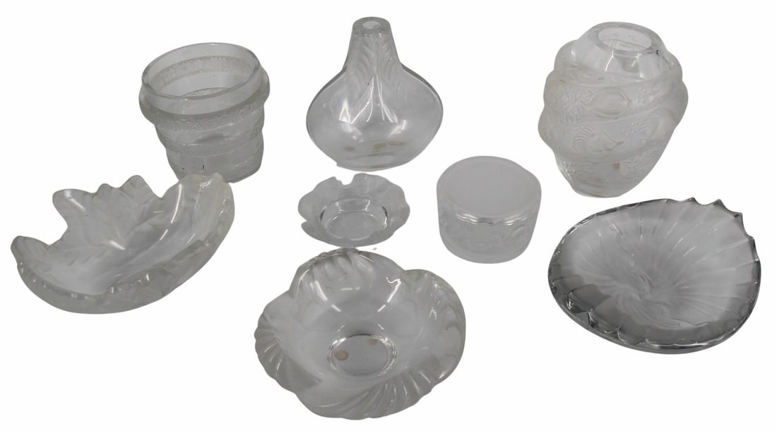 Group of Lalique Crystal Items- 8 Items: To include: 1) "Marina" vase, 7", 2) "Ricquewihr" vase, 5", 3) Lidded box, "Swans", 4", 4) small ashtray with heads, 4.25", 5) small "Aruba"