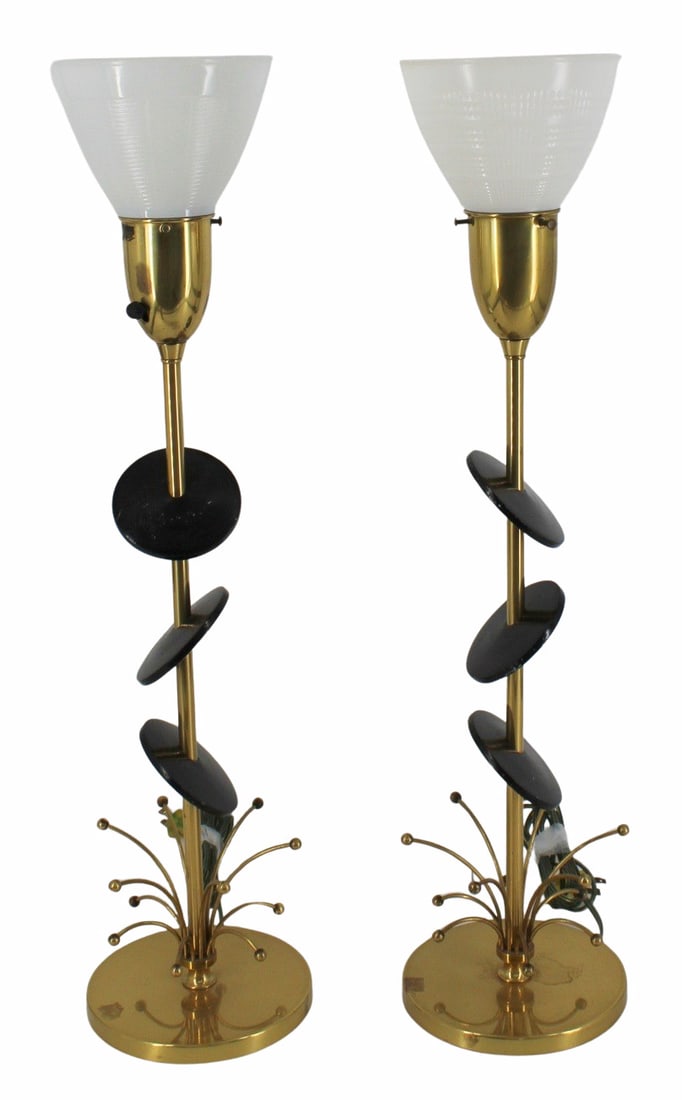 Pair Of REMBRANDT Brass Modernist Atomic Lamps: Three Saucer Elements with brass sprocket fireworks base details. From a Stamford, CT estate. - Dimensions: 27.25" h.