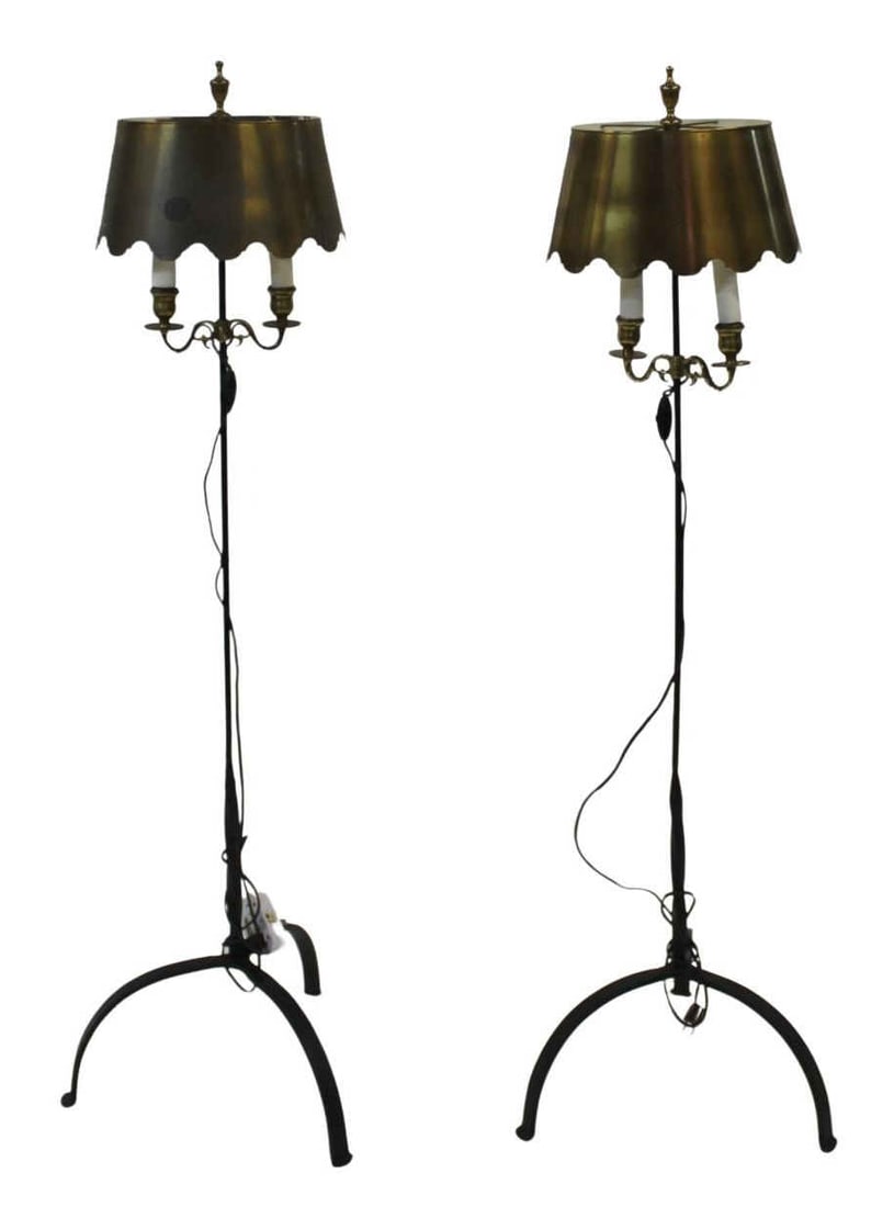 Pair of Wrought Iron Floor Lamps with Tole Shades.: From a West 86th St, NYC estate. - Dimensions: 54" h.