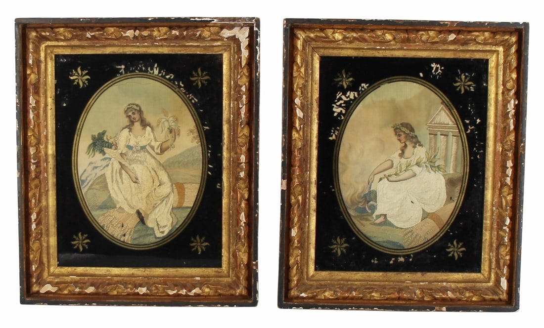 Pair of Antique Silk Embroideries In Eglomise: Frames. Each oval silk embroidery is approx. 9" h x 6.5" w sight size. Glass sight size 11.25" h x 8.75" w. Overall 15.25" h x 12.75" w. From a Scarsdale, NY collection.