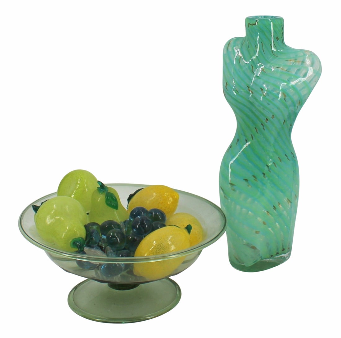 Vintage Murano & Other Glass Grouping: To include a torso (17.25" h), 3 lemons, 4 pears, grapes and a green glass bowl (5.75" h x 12.25" dia). From a West 86th St, NYC estate.