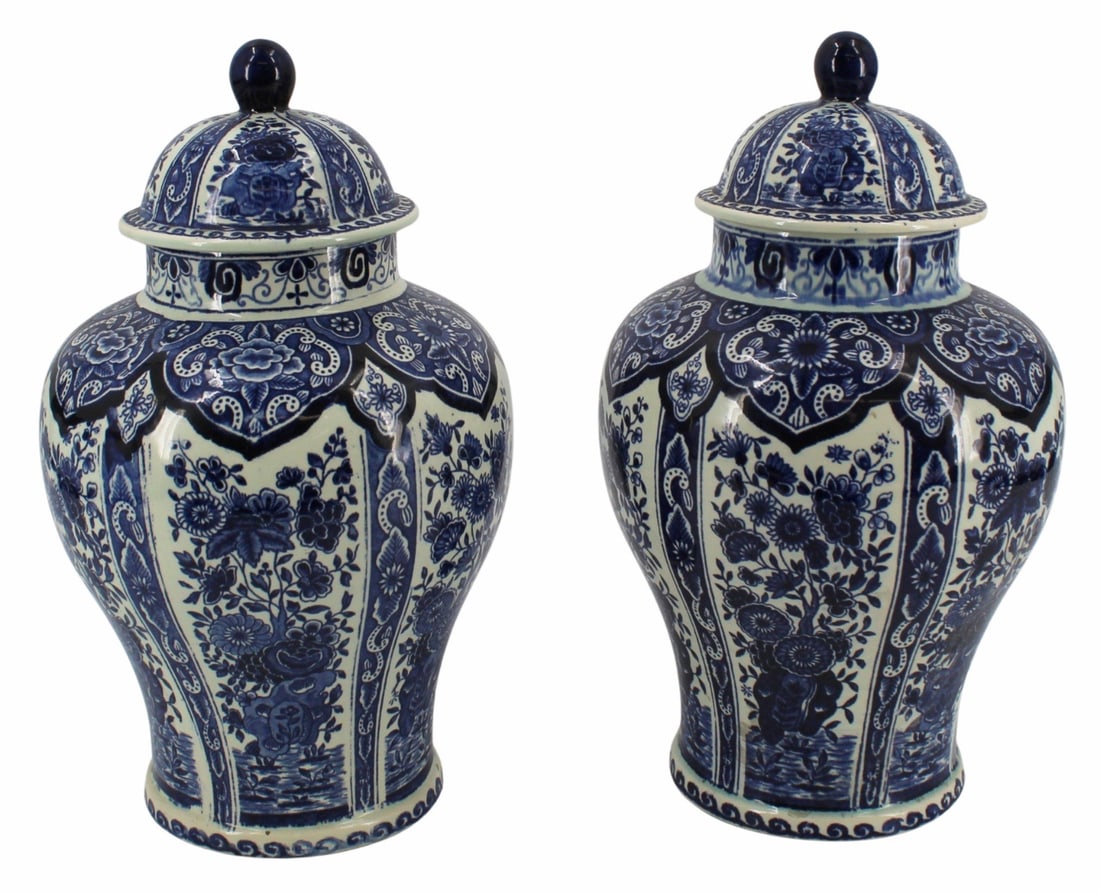 Pair of Boch Delft Porcelain Lidded Urns.: From a West 86th St, NYC estate. - Dimensions: 13.25" h.