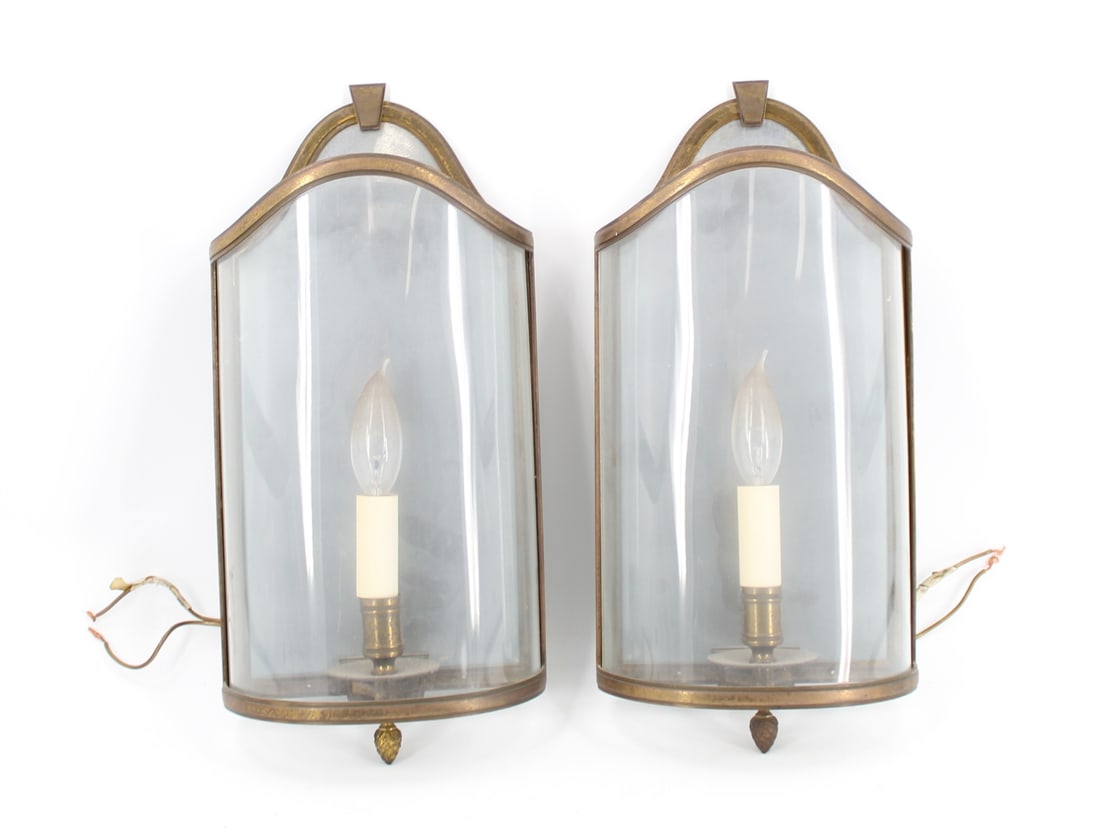 Vintage Pair of Gilt Metal Crown Glass Sconces.: From a West 86th St, NYC estate. - Dimensions: 15" h x 8" w x 3.5" d.