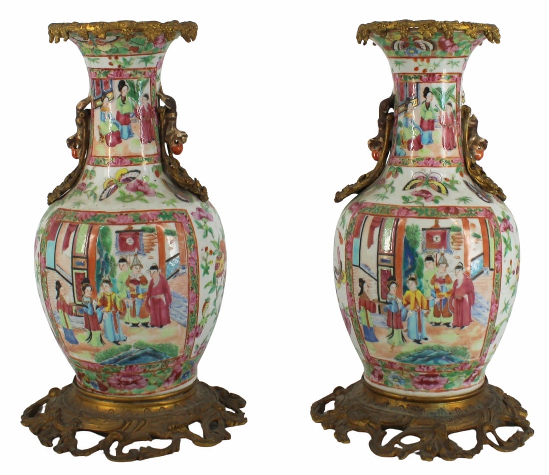 Fine Pair of Bronze Mounted Famille Rose Vases.: Large size with fine quality bronze mounts. From a Westchester NY estate.