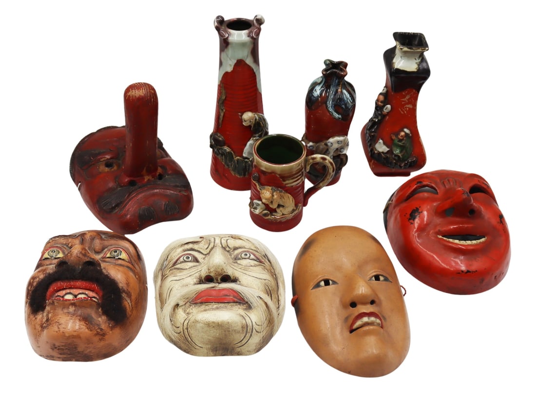 Collection of Japanese Masks and Sumida Gawa.: Includes a collection of Japanese Sumida Gawa stoneware of a mug and (3) vases; and (5) assorted masks - Japanese Chikyu, Japanese Tengu, Japanese Traditional Noh, Topeng Tua, and a Balinese Topeng?