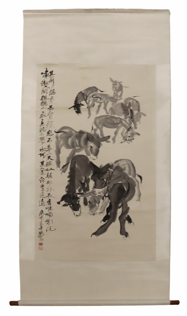 HUANG ZHOU Chinese Scroll Painting of Donkeys.: From a Manhattan, NY estate. Dimensions: image only measures approx. 53.74" h x 25.25" w.