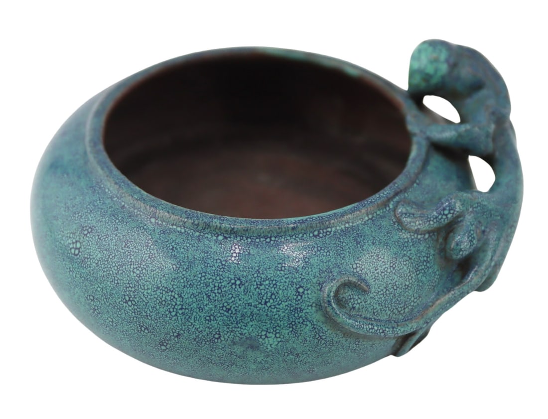 Signed Chinese Robin's Egg Glazed YiXing Ware: Bowl. With applied Qilin. Signed Chen Ming Yuan. From a White Plains, NY estate. Dimensions: bowl measures approx. 4.25" w x 4" d x 1.875" h.